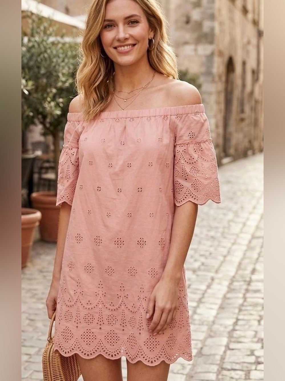 Madewell Eyelet Off-the-Shoulder Dress Dusty Rose Pink Lace Scalloped Size 6 - Picture 2 of 8